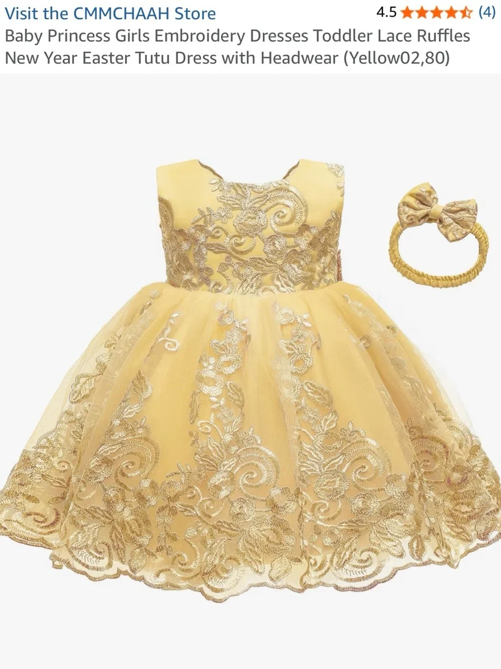 Girls 12 month Yellow Embroidered Tulle Princess Dress with Matching Headband